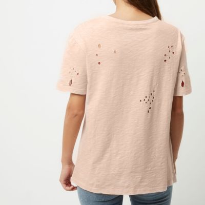 Pink surf print distressed T-shirt